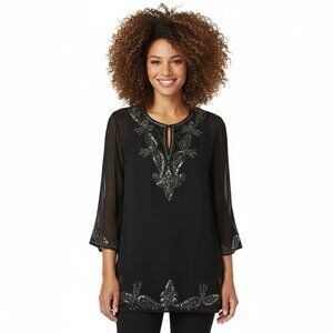 Vintage BCS Silk Sequin Embellished Tunic Top Bell Sleeves Black Metallic Beaded